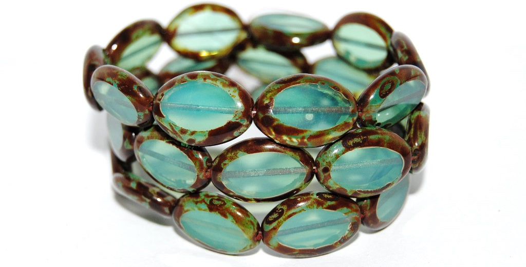 Table Cut Oval Beads Roach, Opal Aqua Travertin (61100 86800), Glass, Czech Republic