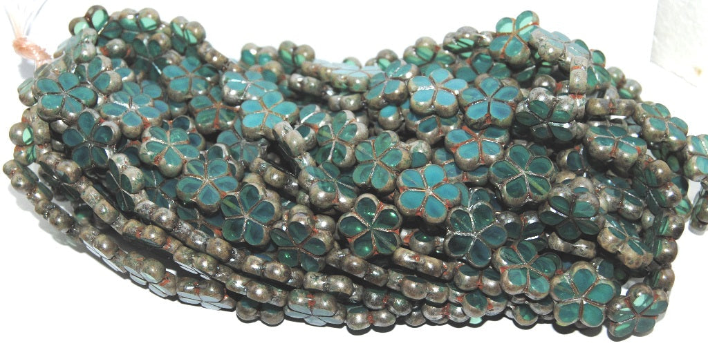 Table Cut Flower Beads, Opal Aqua 43400 (61100 43400), Glass, Czech Republic