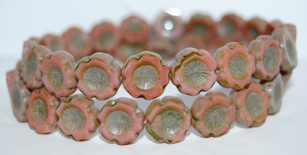 Table Cut Round Beads Hawaii Flowers, 77553 Luster Cream (77553 14401), Glass, Czech Republic