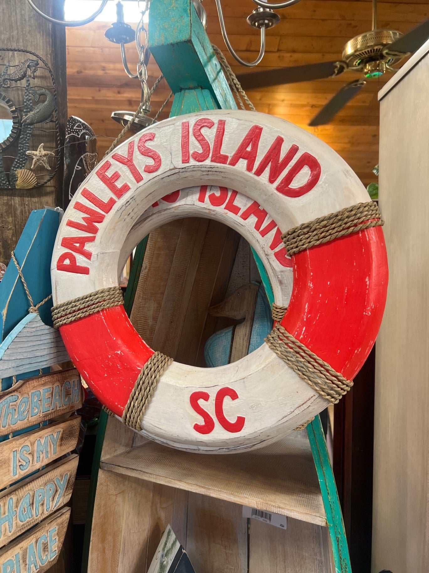 Decorative Life Preserver Red and White Wood and Rope