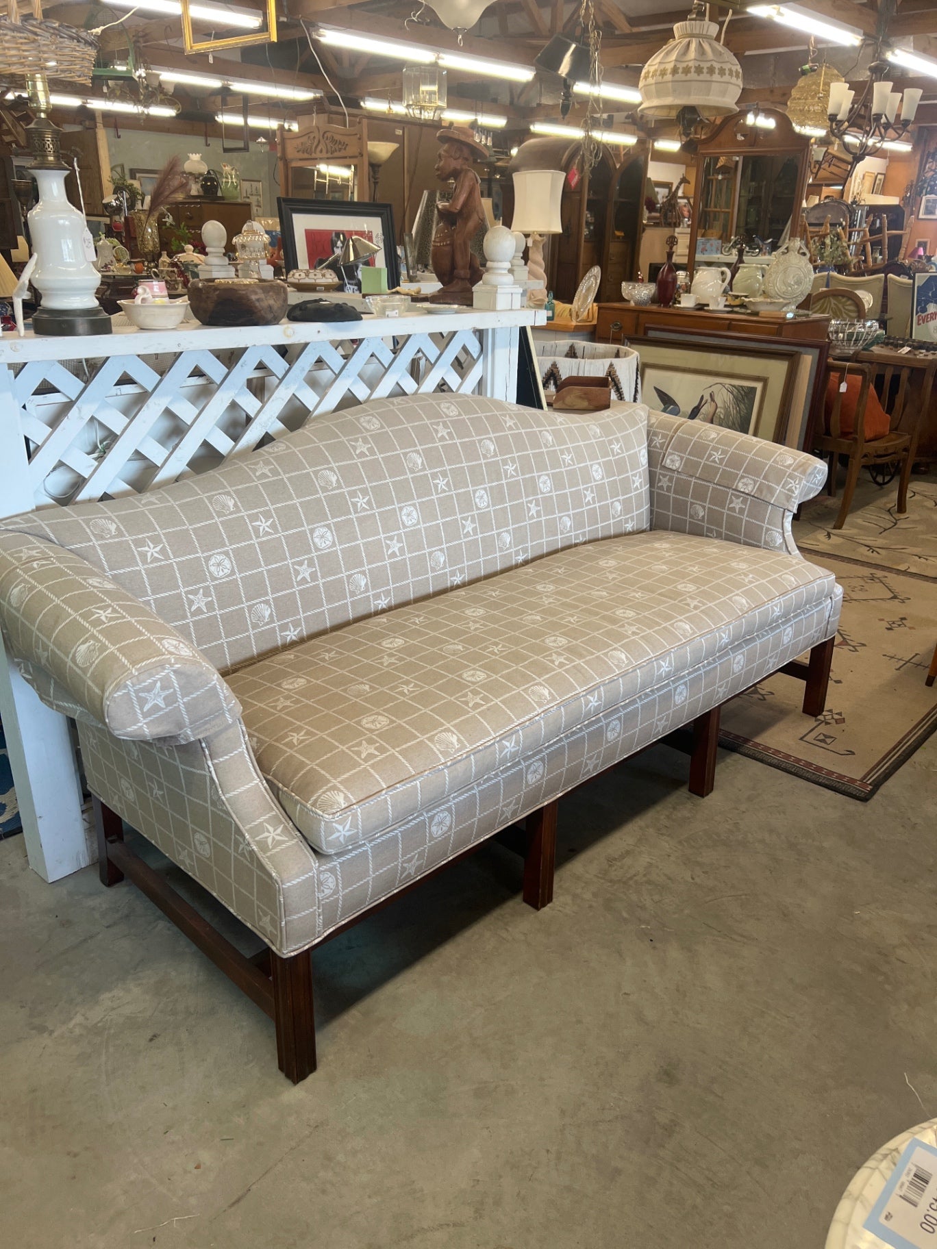 Sofa Beige with white pattern Fabric upholstery with wooden legs