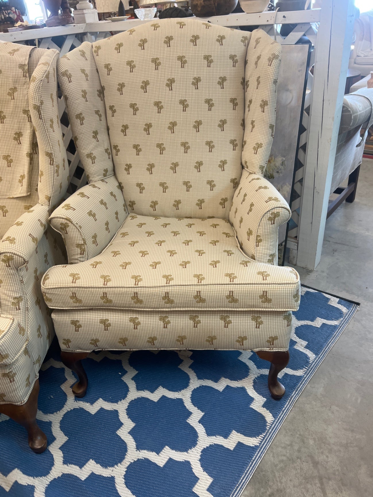 Wingback Chair Beige with green palm tree pattern Upholstered fabric