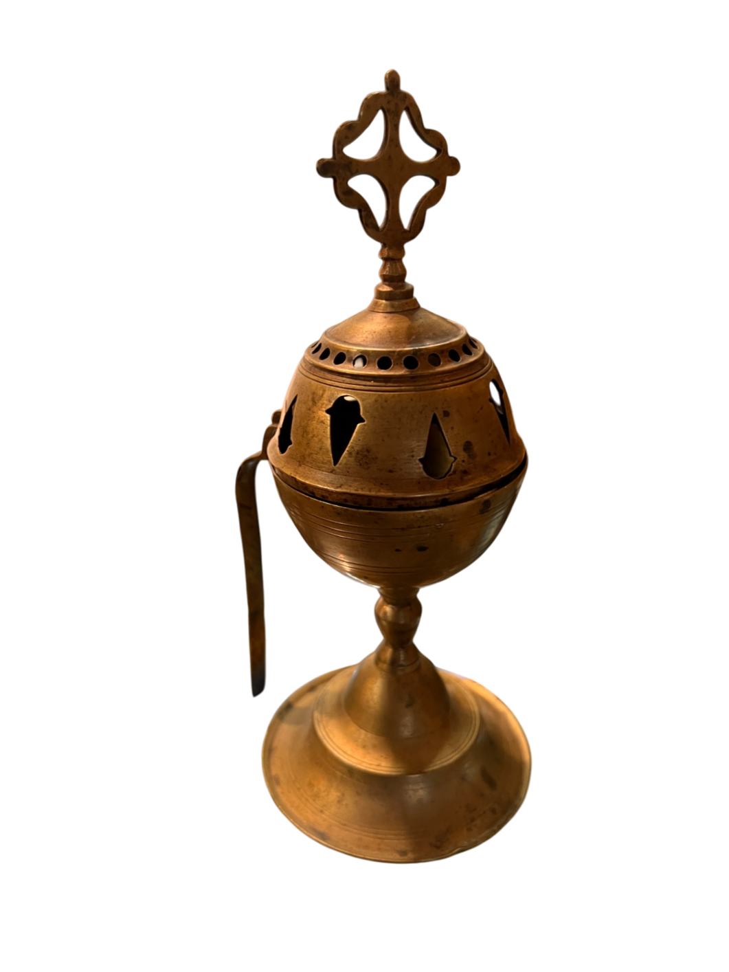 Antique Orthodox Brass Censer – Handcrafted Church Incense Burner with Cross Finial Bronze Metal