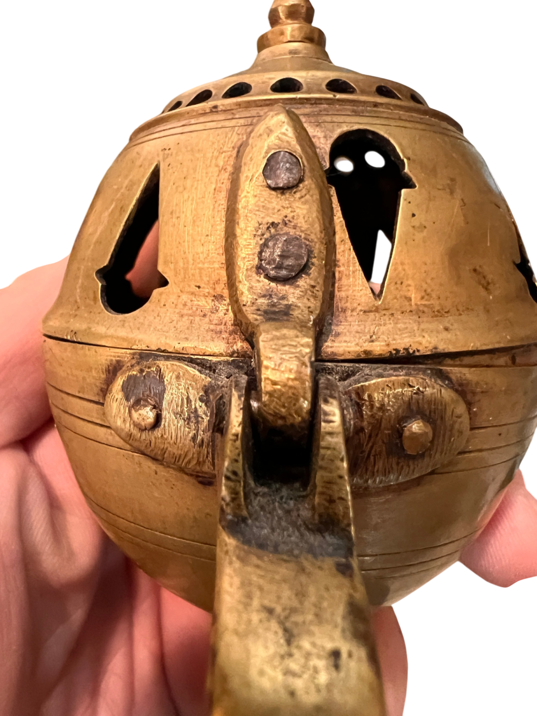 Antique Orthodox Brass Censer – Handcrafted Church Incense Burner with Cross Finial Bronze Metal