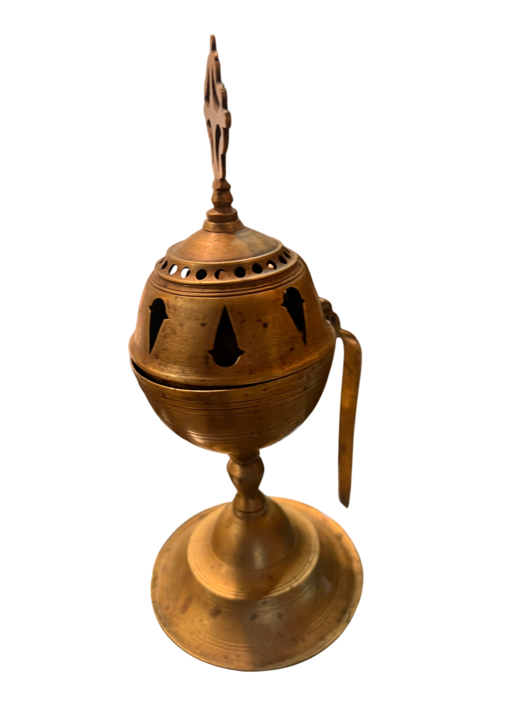 Antique Orthodox Brass Censer – Handcrafted Church Incense Burner with Cross Finial Bronze Metal