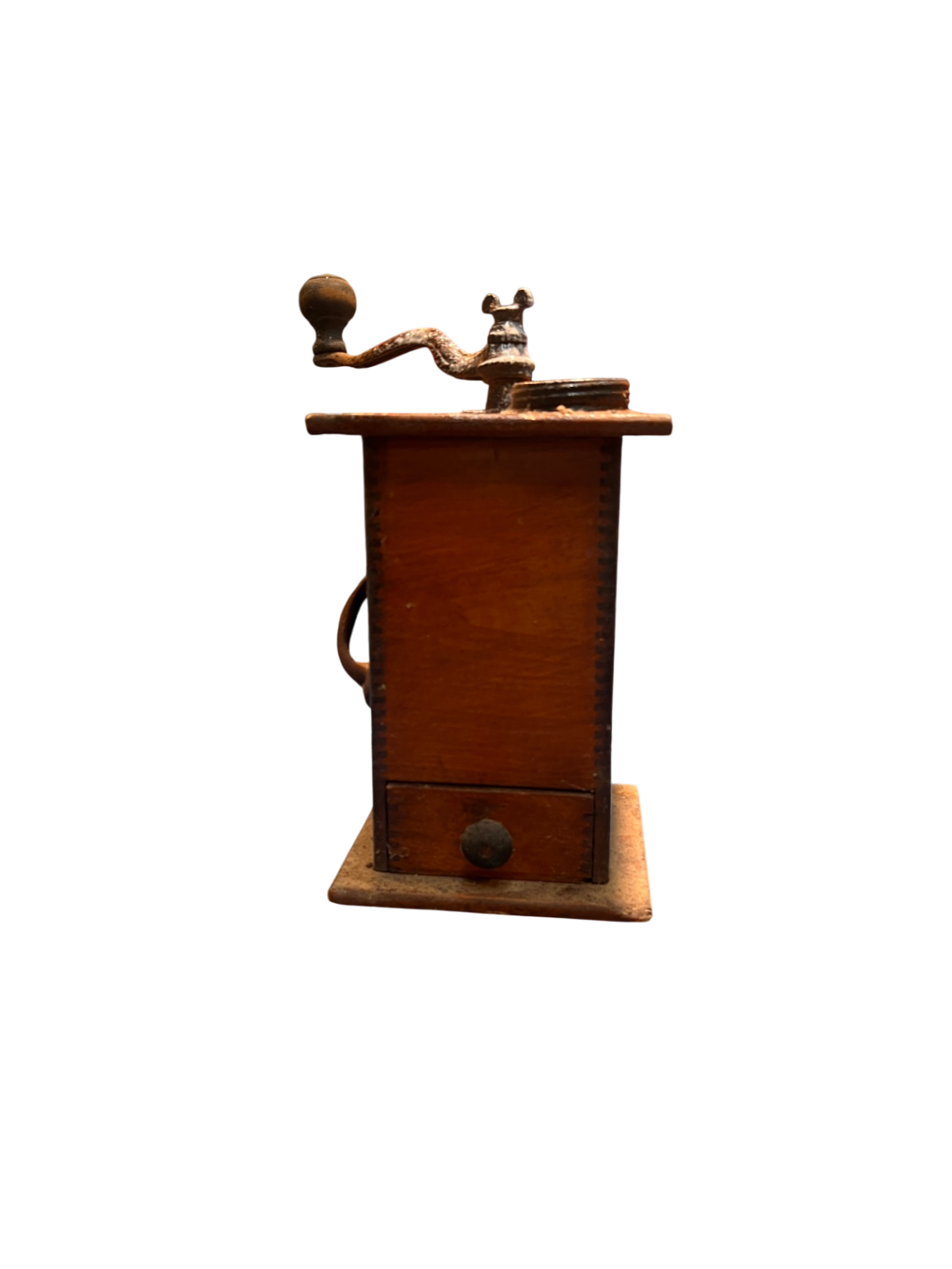 Antique Countertop Coffee Grinder – Cast Iron Crank & Tin-Wrapped Wooden Box – Primitive Rustic Decor