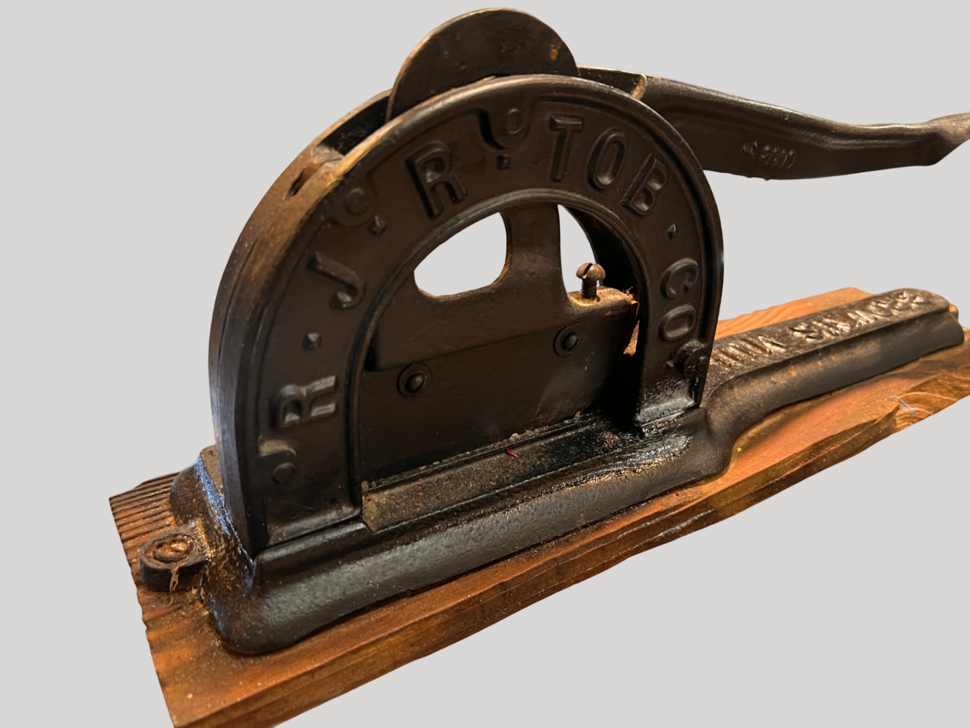 Antique Brown’s Mule Tobacco Cutter – R.J.R. TOB. CO. – Cast Iron Model 3019 w/ 3017 Part – Original Board – 1" & 2" Marks