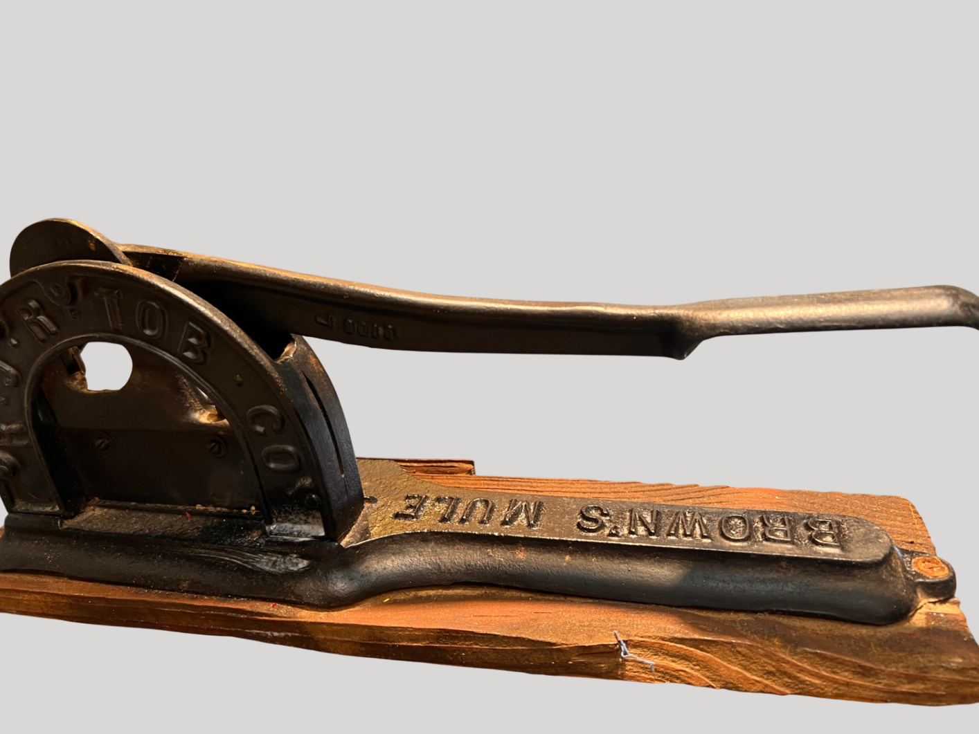Antique Brown’s Mule Tobacco Cutter – R.J.R. TOB. CO. – Cast Iron Model 3019 w/ 3017 Part – Original Board – 1" & 2" Marks
