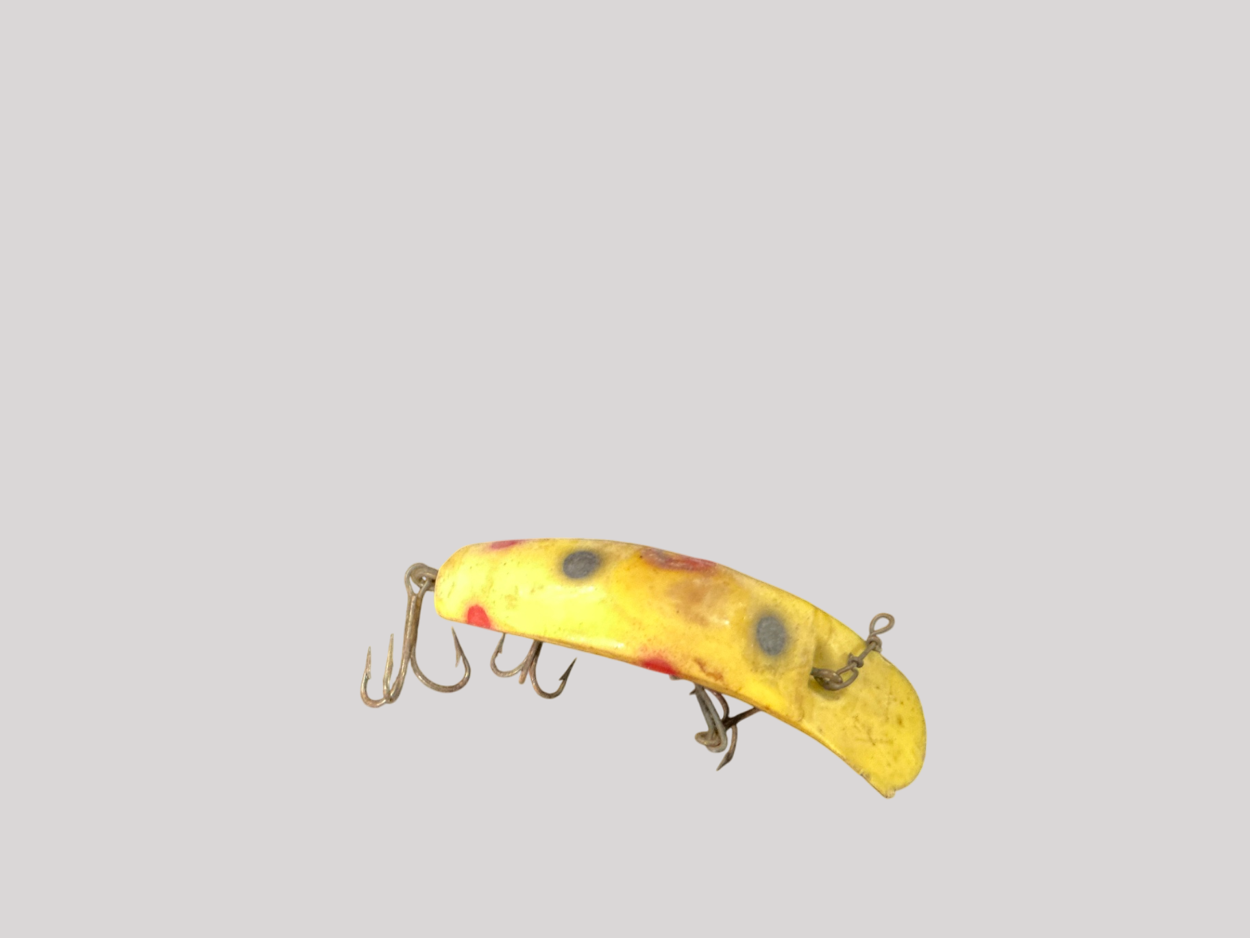 Vintage Wooden Fishing Lure – Yellow with Red & Black Spots – Curved B – Legacy Antiques & Consignment
