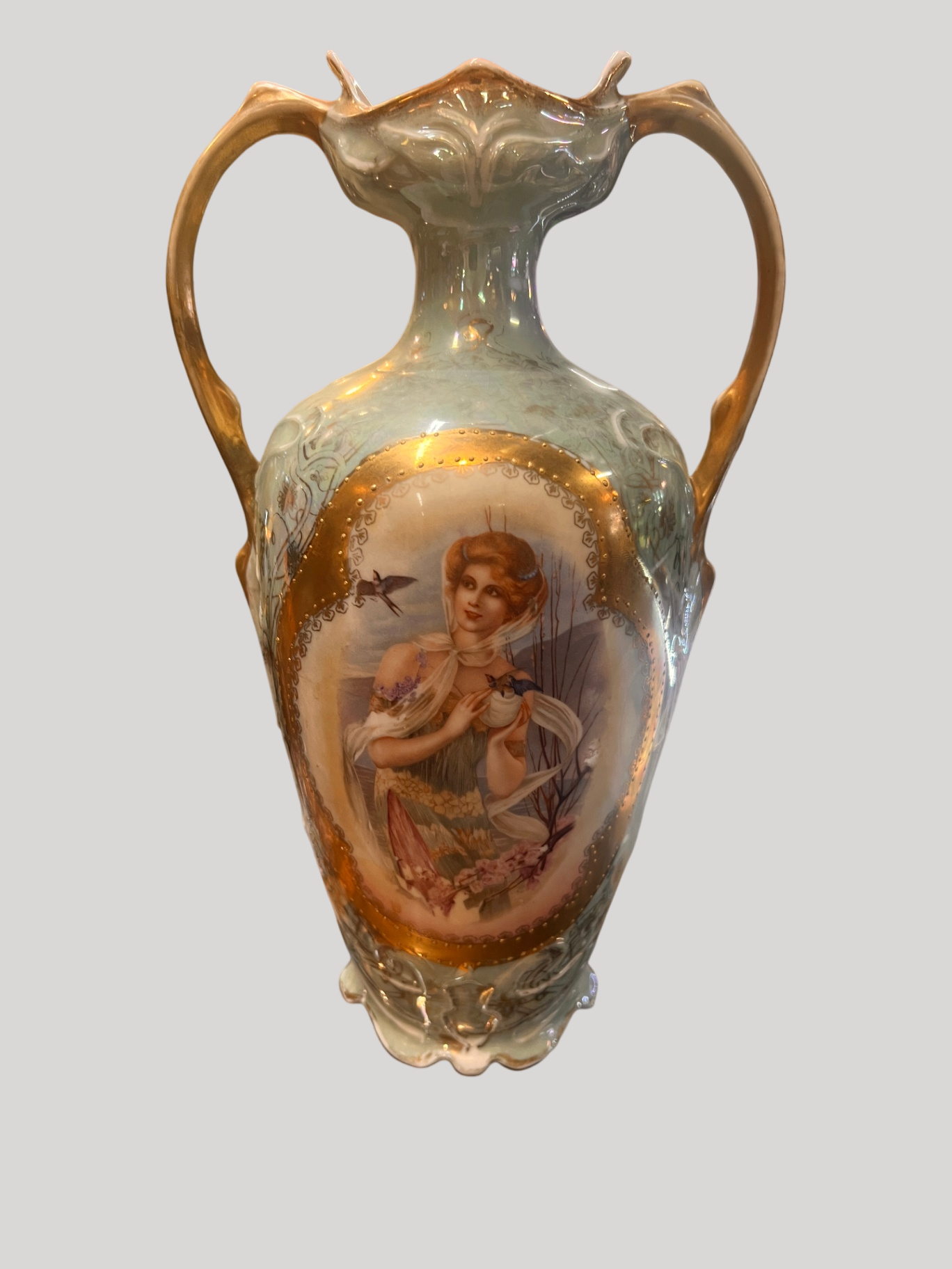 Antique Art Nouveau Porcelain Portrait Vase – Two Handles, Hand-Painted Gilt & Maiden Scene, c. 1890–1915