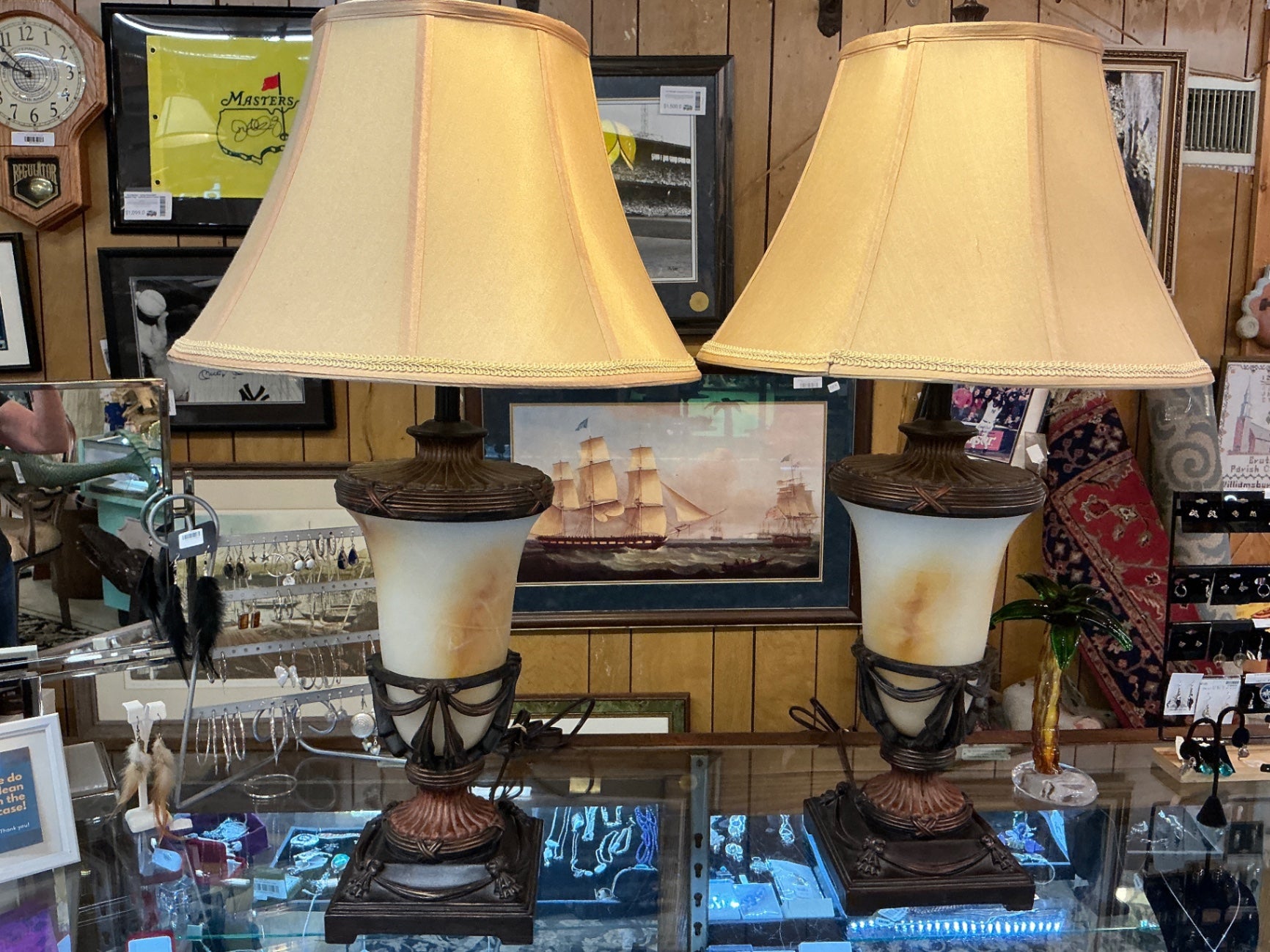 Pair of Vintage Neoclassical Table Lamps with Fabric Shades