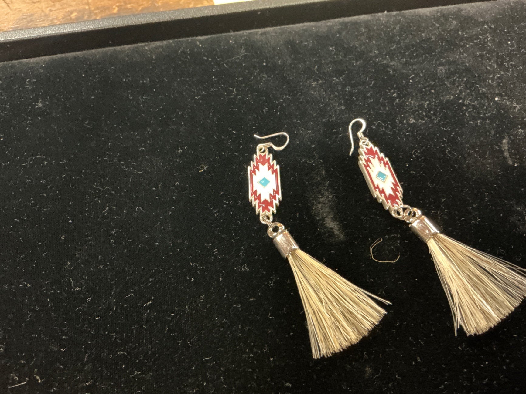 Navajo Sterling Silver Enamel Inlay and Horsehair Dangle Earrings