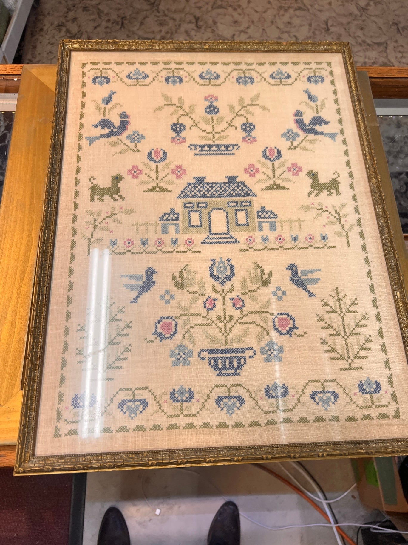 Vintage Cross Stitch Folk Art Country Scene Hand Embroidery Linen Panel 26" x 20Vintage Cross Stitch Folk Art Country Scene Gilt Framed Hand Embroidery Linen Panel 26" x 20