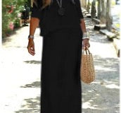 Black L women's regular dress casual boat neck short sleeve solid color maxi long dress daily