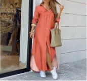 Orange Red M women's shirt dress casual turndown printing long sleeve letter leopard chains print maxi long dress daily