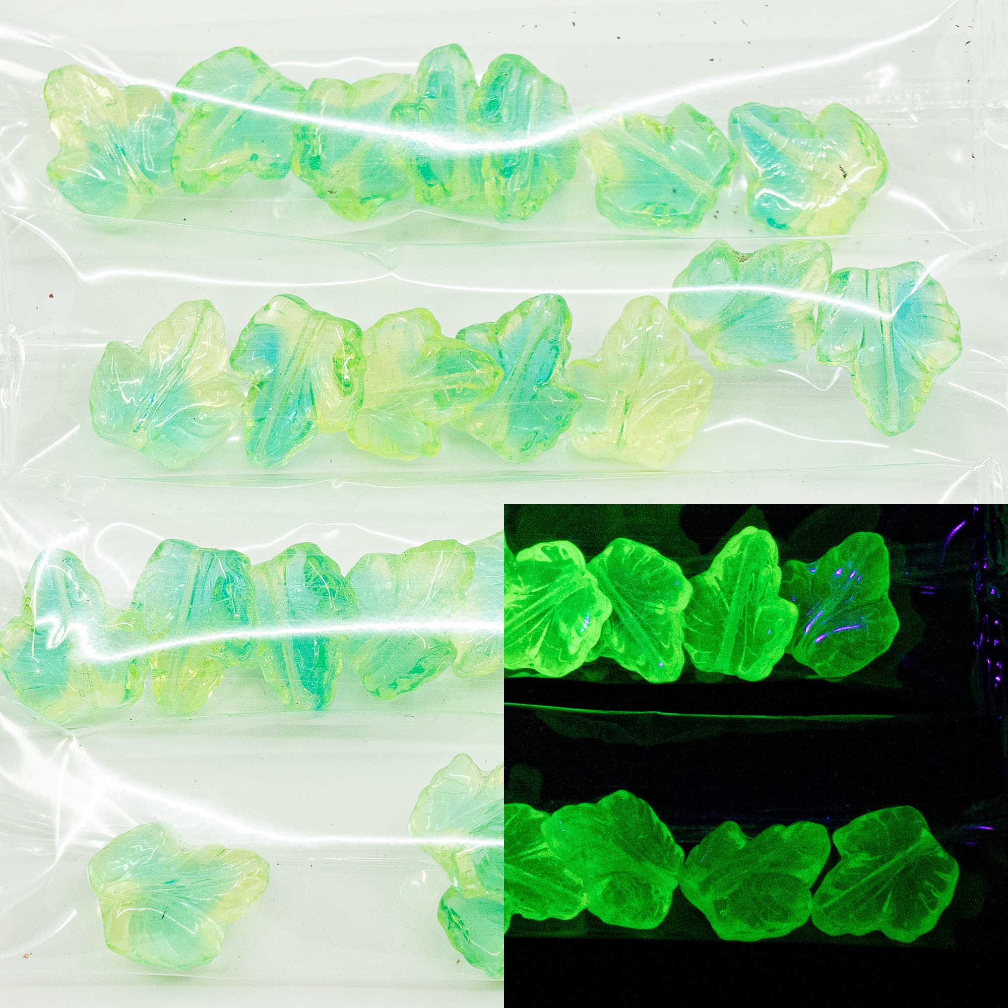OUTLET 10 grams Grape Leaf Beads, 16 x 14 mm, Transparent Yellow Transparent Aqua (80130-60150), Glass, Czech Republic