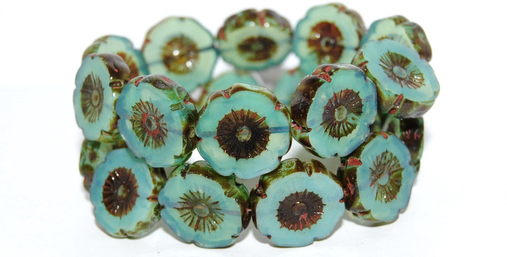 Table Cut Round Beads Hawaii Flowers, Opal Aqua Travertin (61100-86800), Glass, Czech Republic