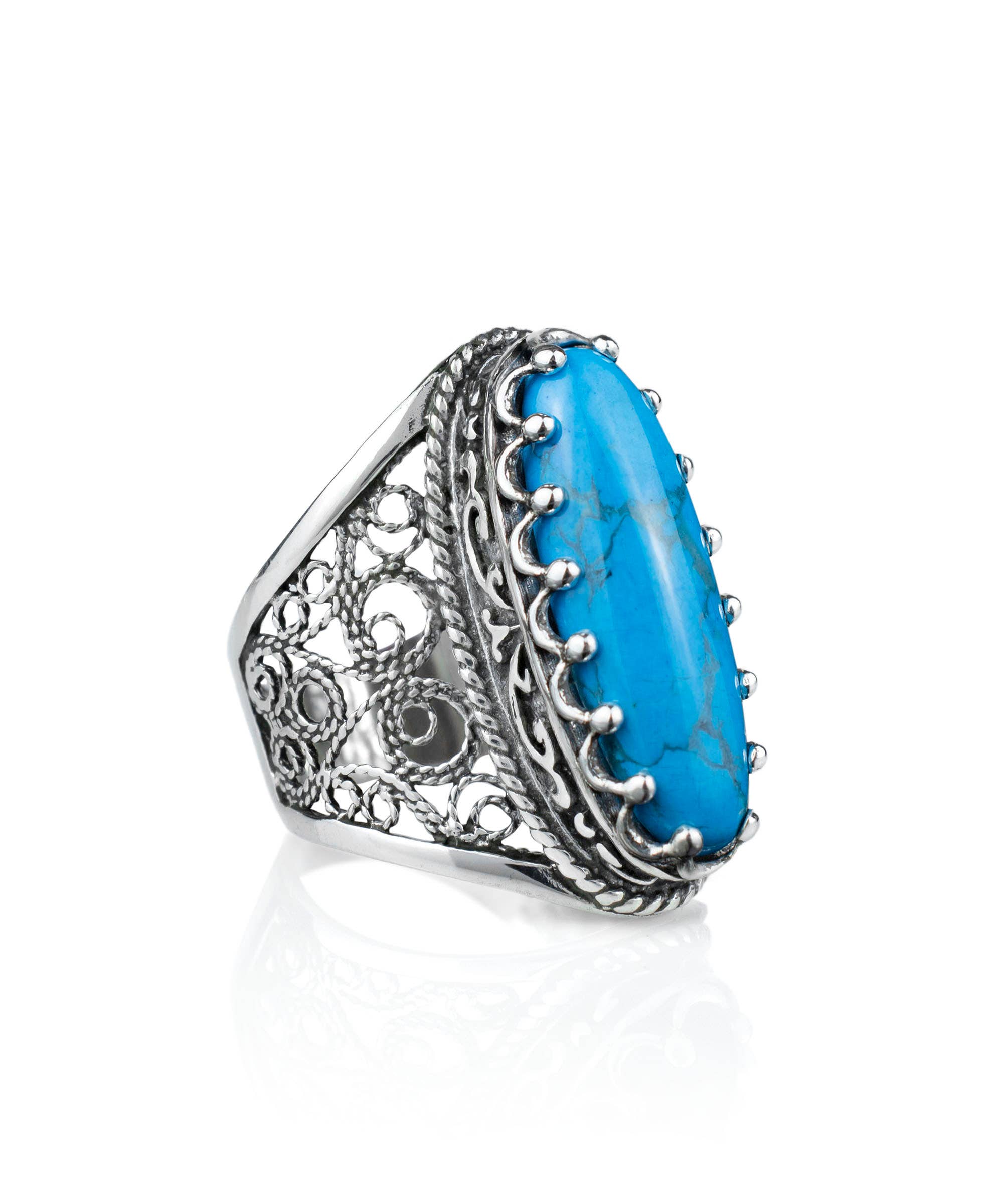 Filigree Art Turquoise Gemstone Women Sterling Silver Long Statement Ring: Turquoise / 7