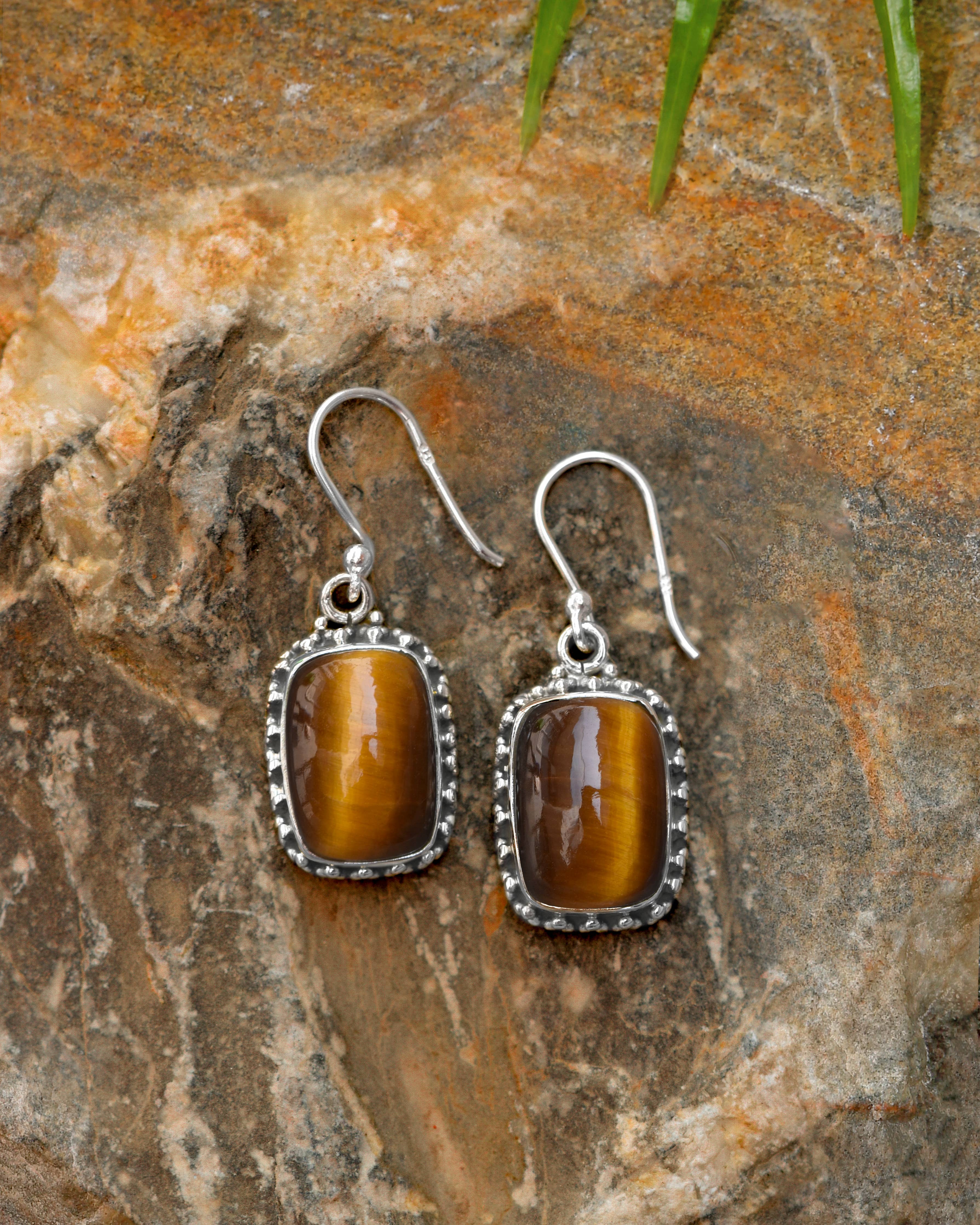925 Sterling Silver Tiger Eye Gemstone Dangle Earrings