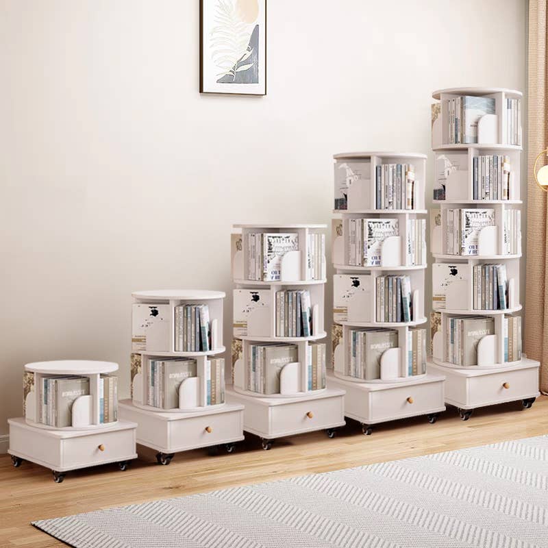 Rotating Wooden Bookcase with Storage Drawer,Swivel Design: White / 5-Tier