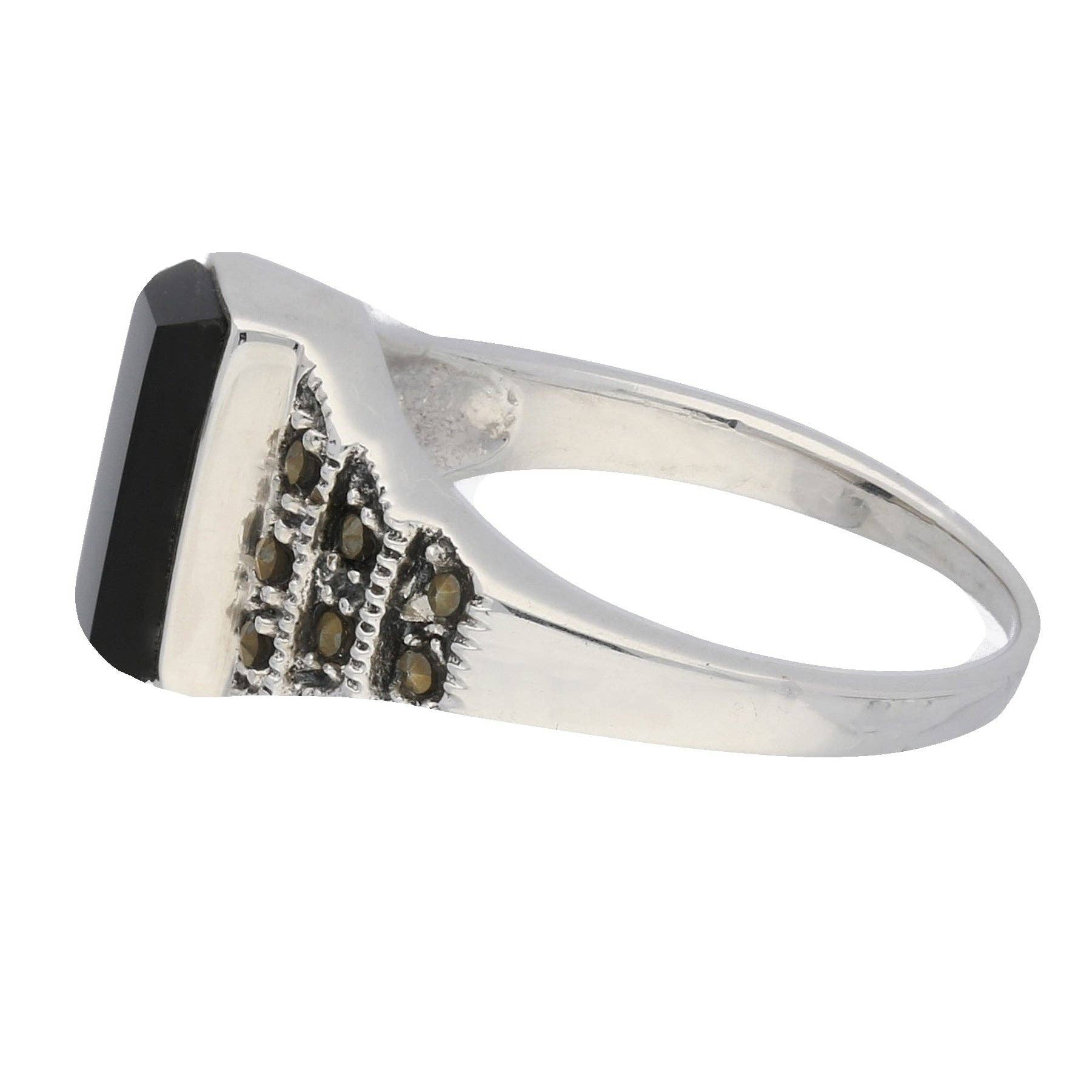 Marcasite and Black Onyx Sterling Silver Bar Ring: 7