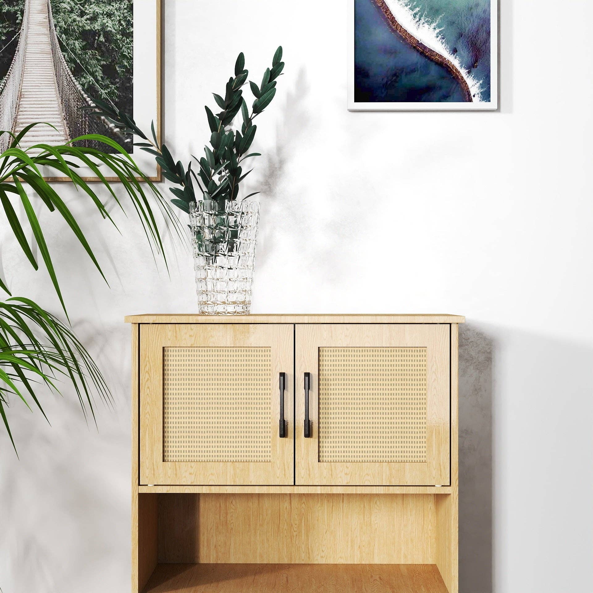 Mid-Century Modern 4-Door Storage Cabinet with Rattan Doors