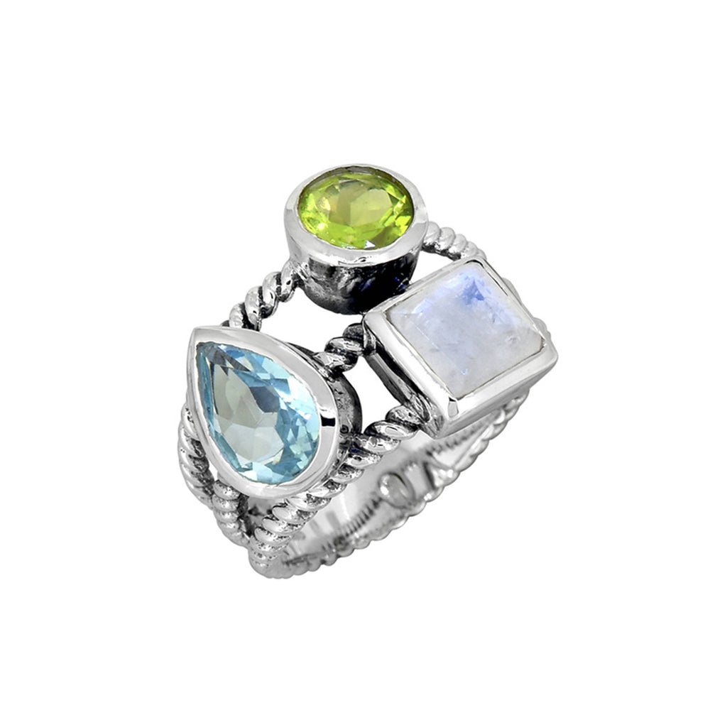 925 Sterling Silver Blue Topaz Moonstone Rope Ring: 7