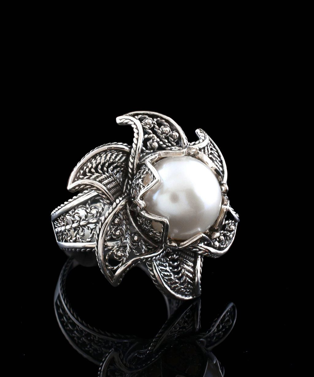 Art Lotus Flower Fresh Water Pearl Women Silver Ring: 8