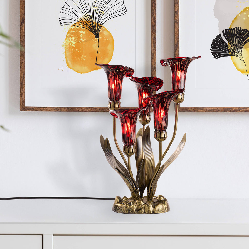 20"H Red Hand Blown Glass 5 Calla Lily Uplight Table Lamp