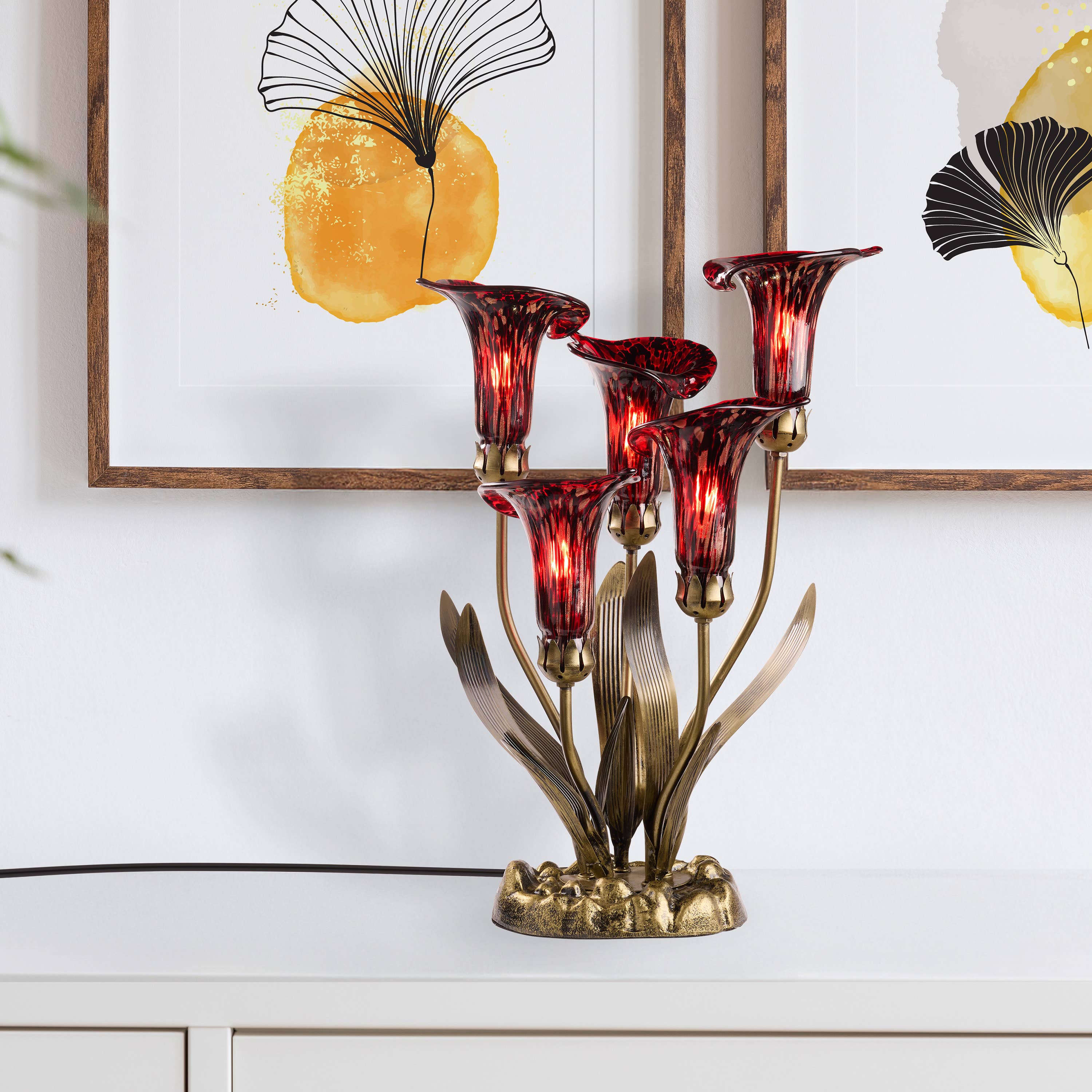 20"H Red Hand Blown Glass 5 Calla Lily Uplight Table Lamp