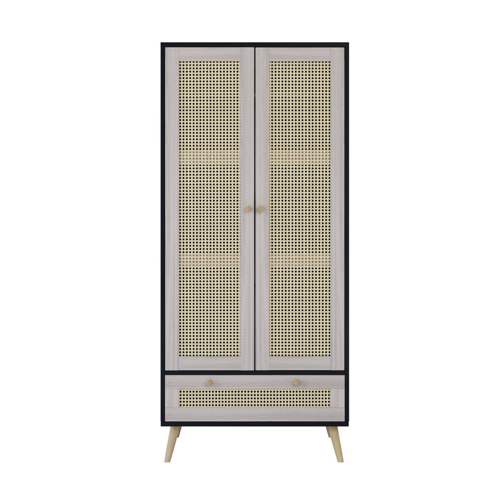 71inH Boho Rattan Armoire Wardrobe with Drawer Natural Black: Default