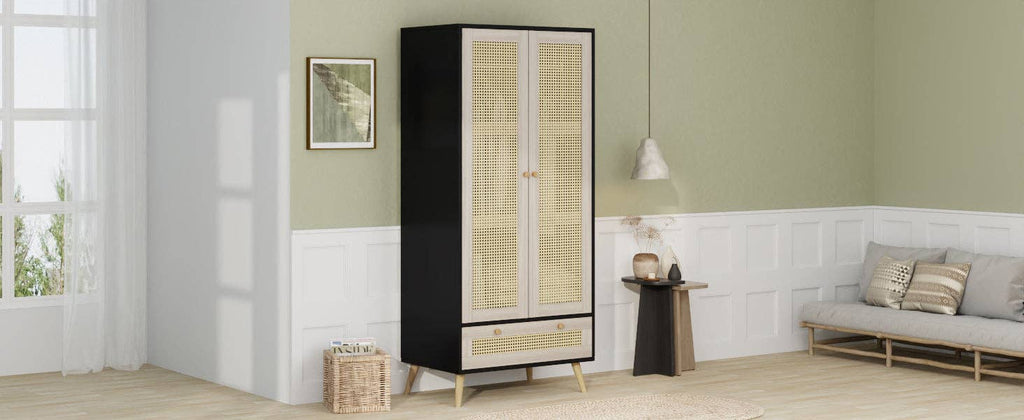 71inH Boho Rattan Armoire Wardrobe with Drawer Natural Black: Default