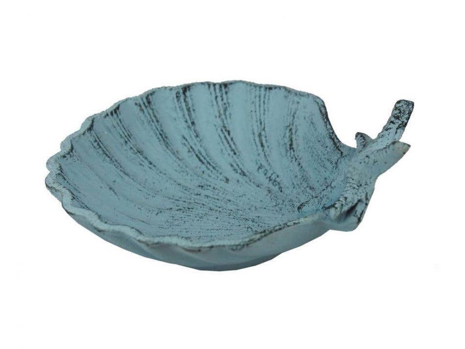 Dark Blue Whitewashed Cast Iron Shell With Starfish Decorative Bowl 6"