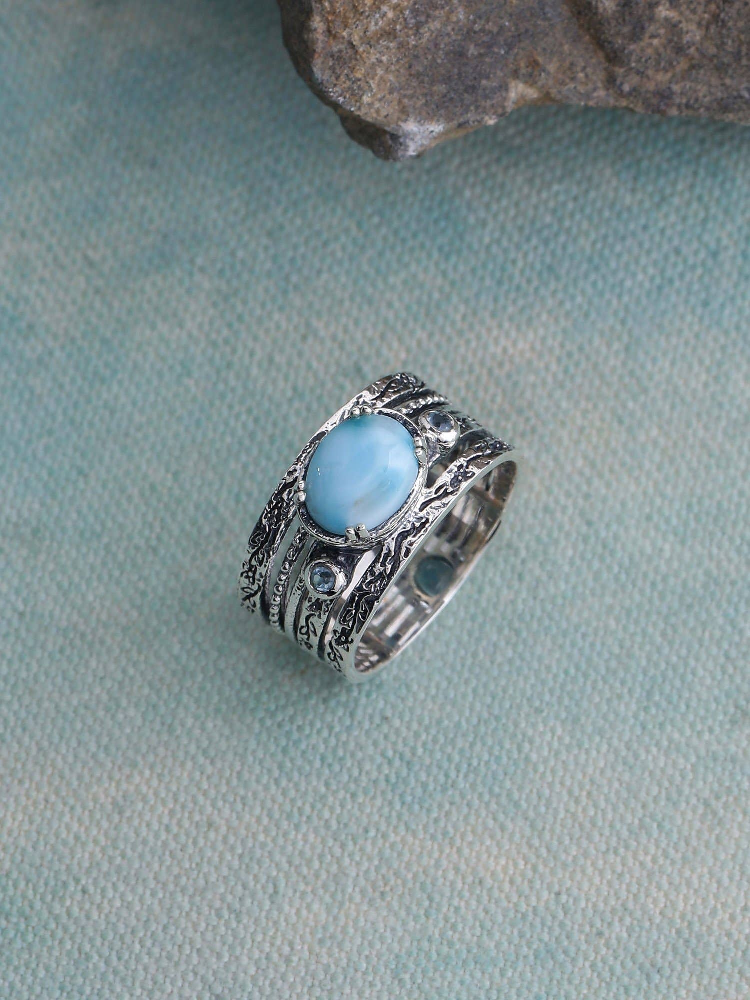 Larimar & Swiss Blue Topaz 925 Sterling Silver Antique Ring: 11