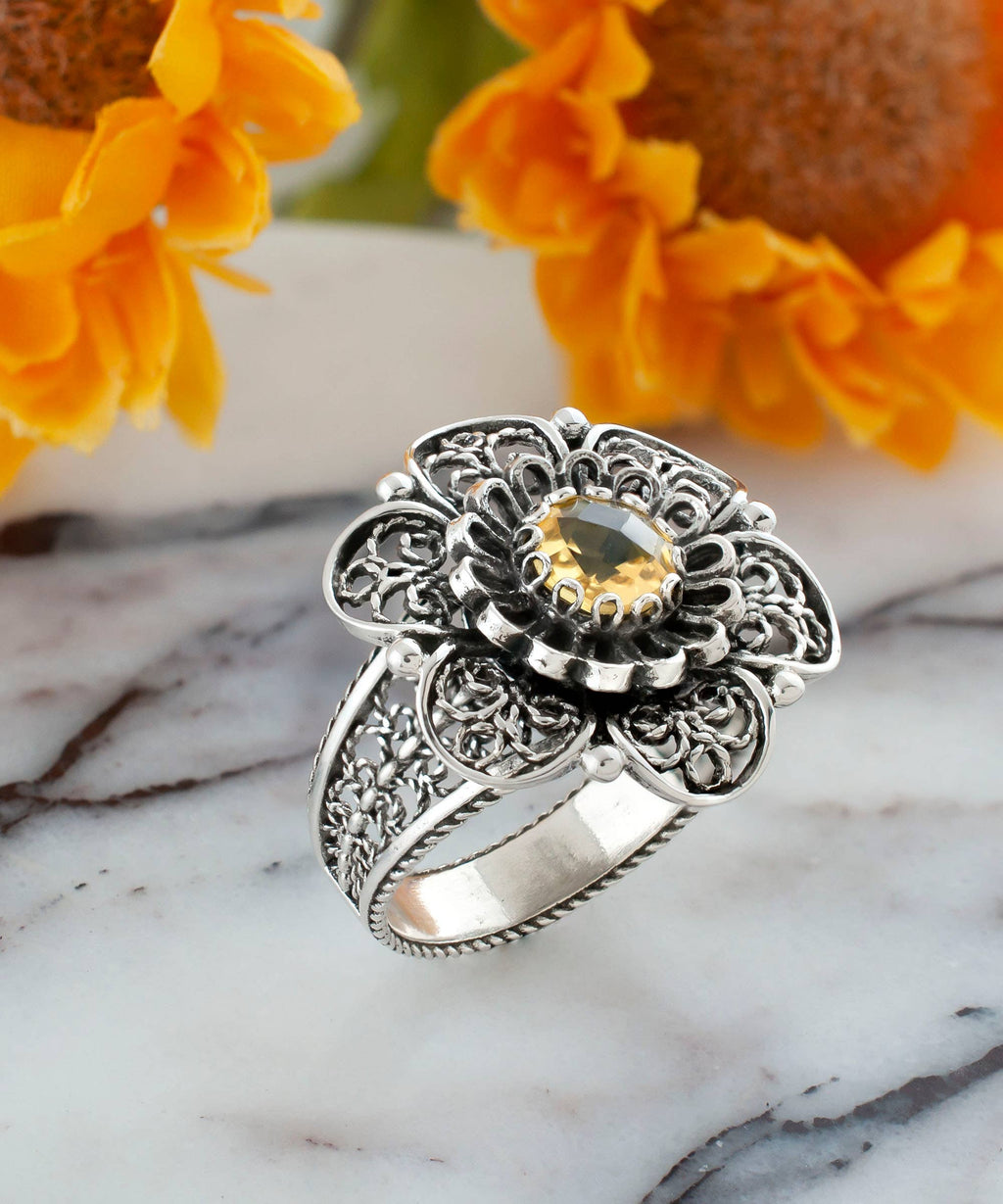 Art Citrine Gemstone Flower Women Silver Ring: 7