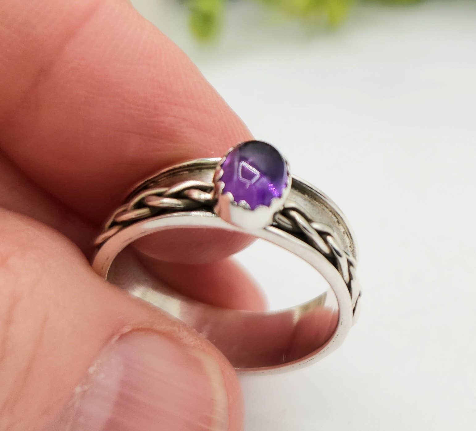 Amethyst SPINNER RING-Sterling Silver/925- Gemstone w/Braid: 7