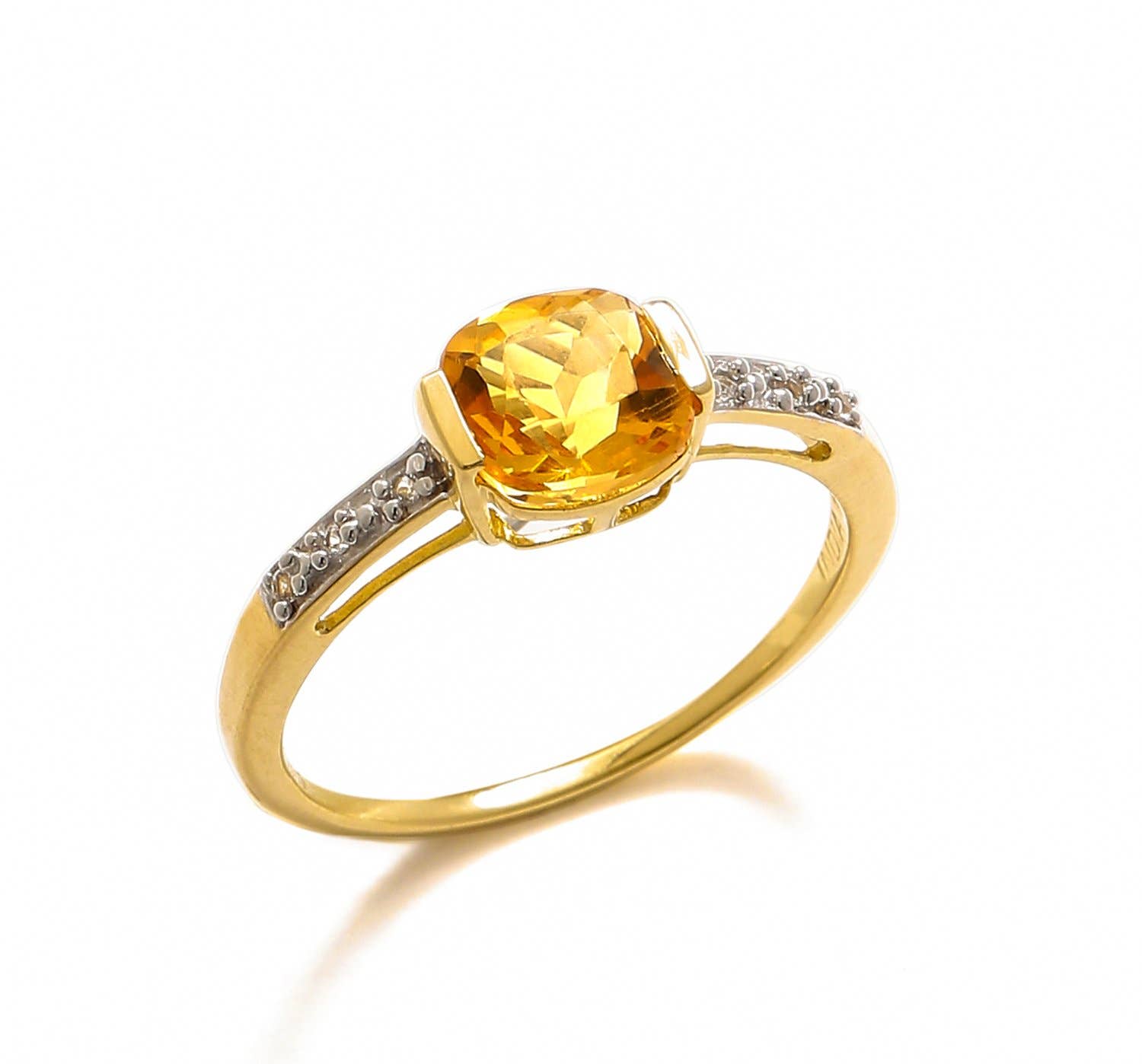 10K Yellow Gold Cushion-Cut Citrine Round White Topaz Ring: 8