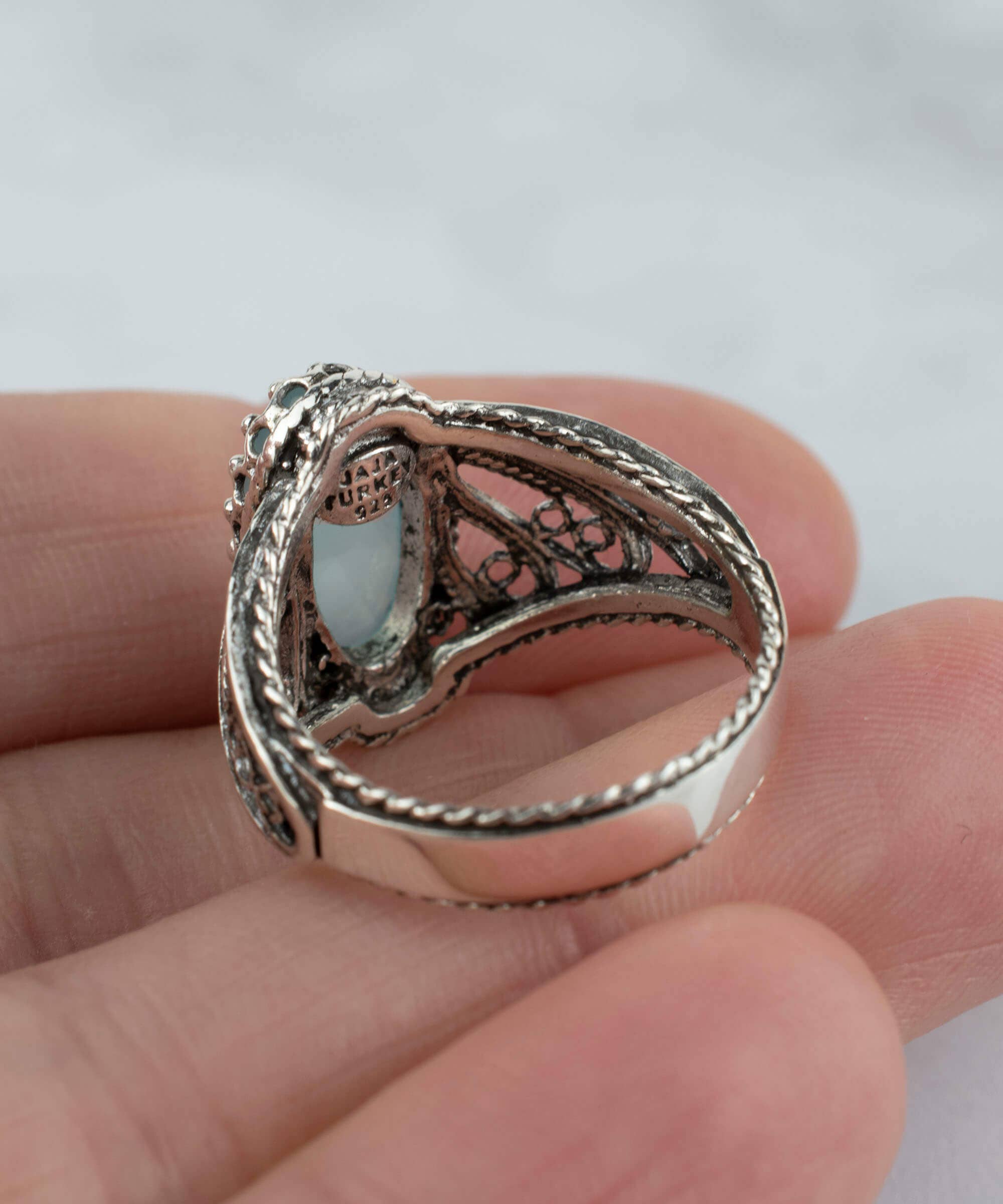 Filigree Art Aqua Chalcedony Gemstone Angel Wings Women Sterling Silver Ring: Aqua Chalcedony / 7