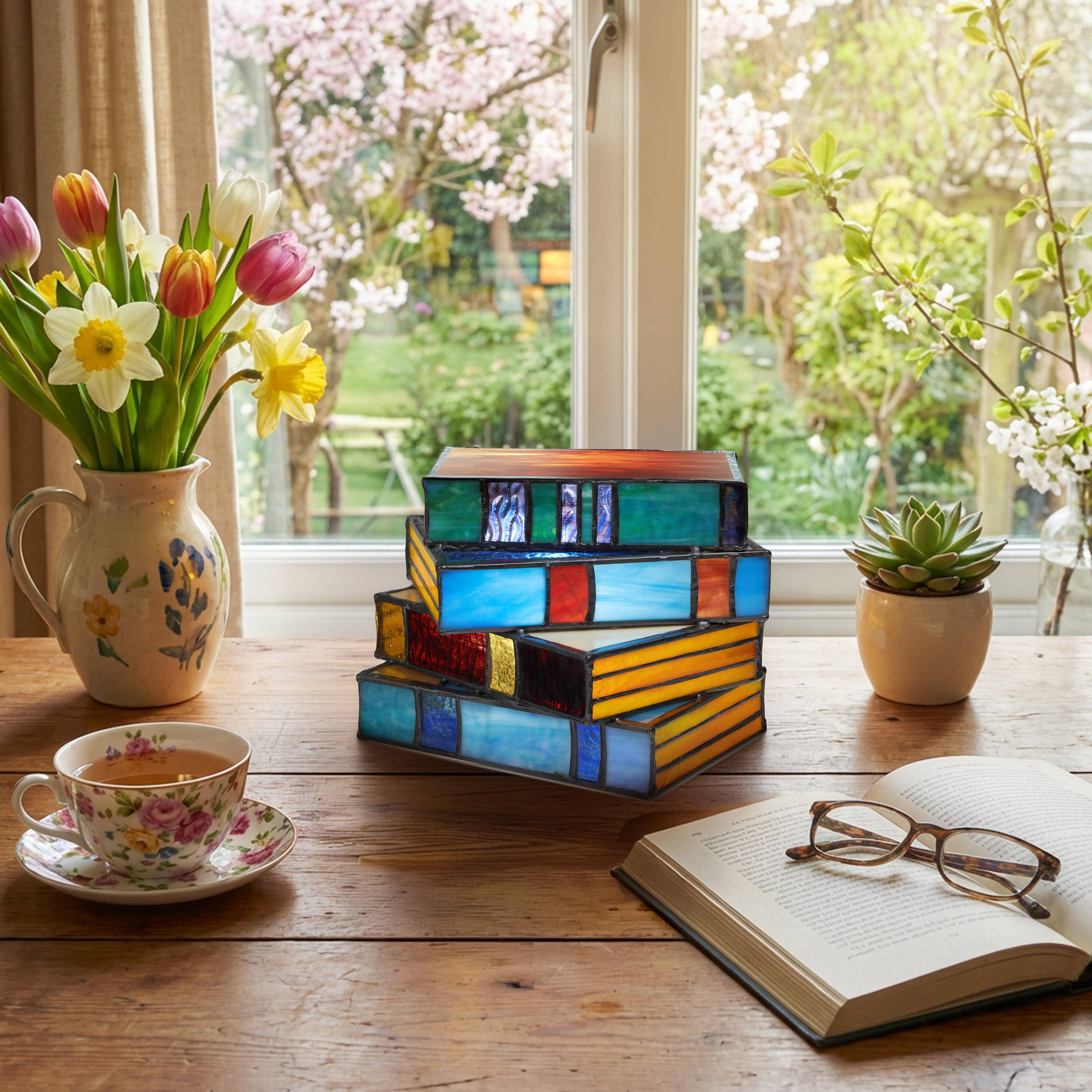 5.75" Stained Glass Stack of Books Whimsical Accent Lamp
