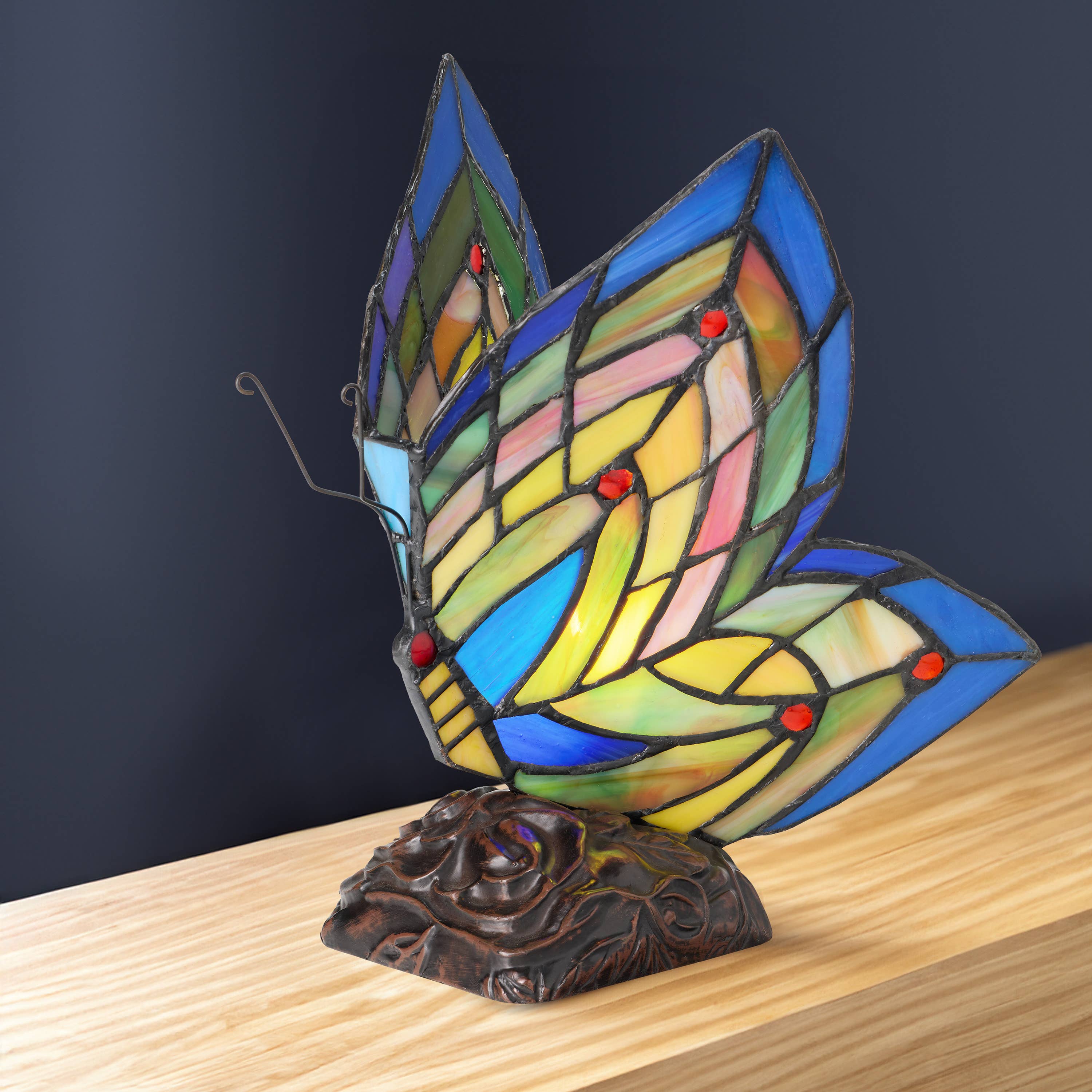 9.5" Luella Red Butterfly Stained Glass Accent Novelty Lamp