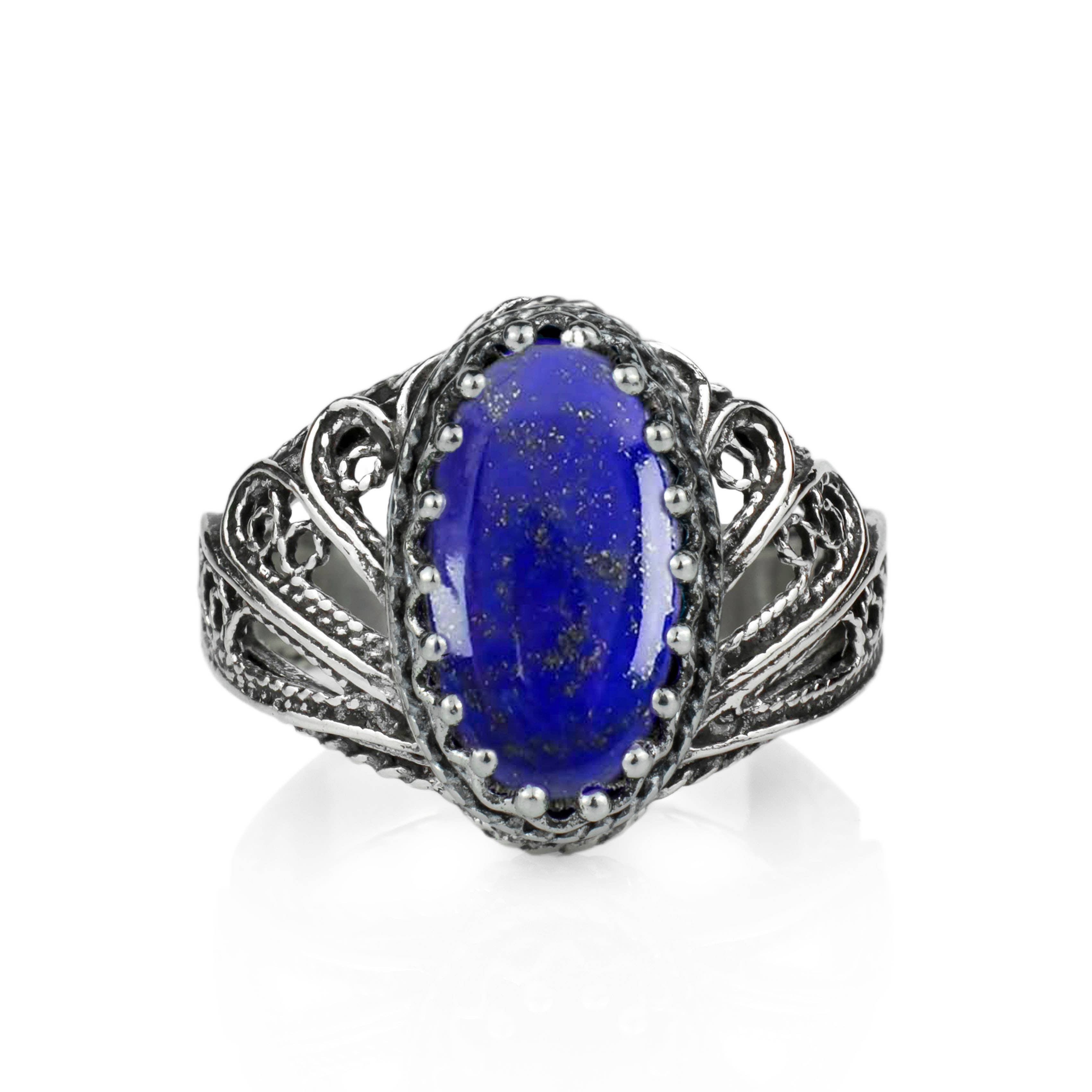 Art Lapis Lazuli Gemstone Angel Wings Women Silver Ring: 7