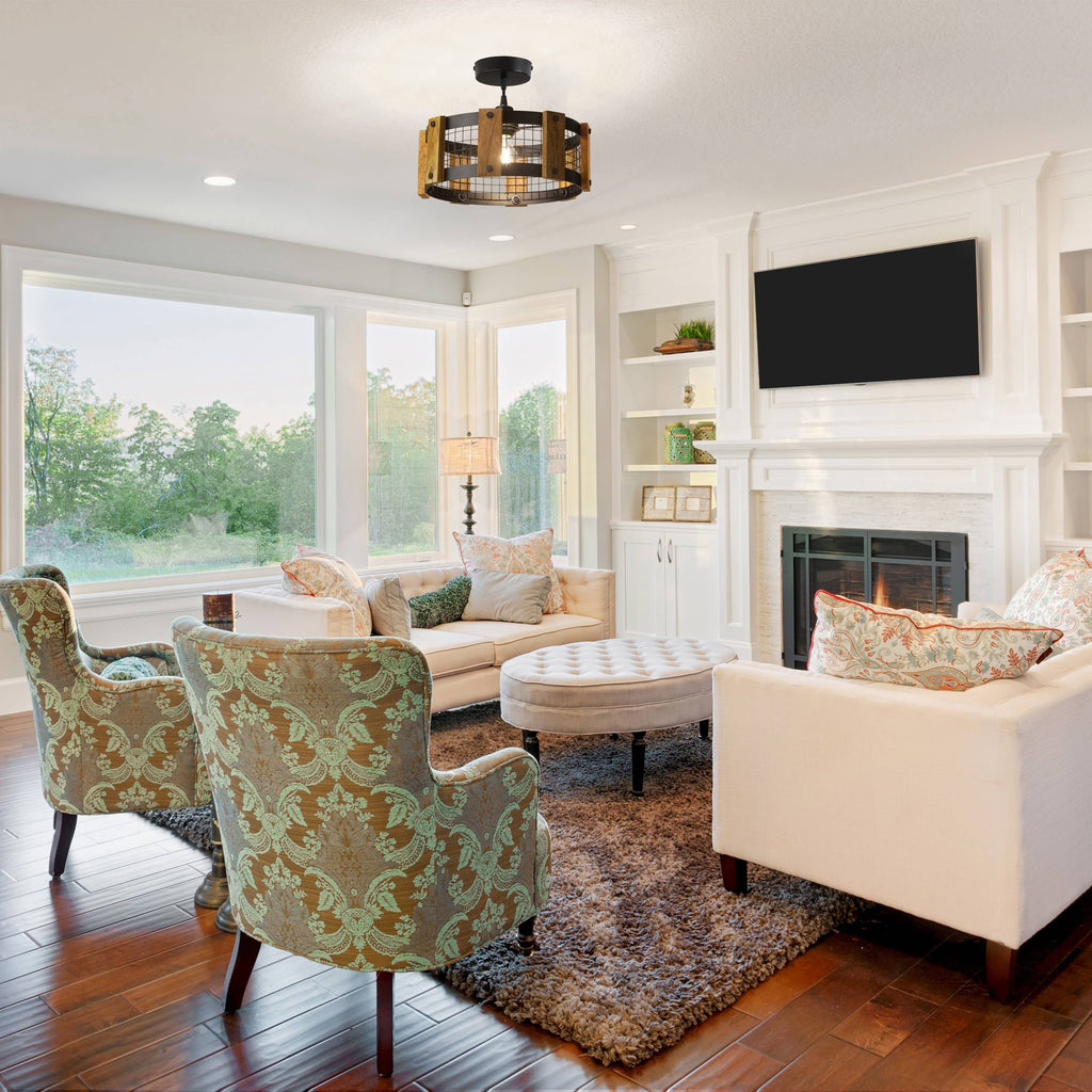 12"W Black Painted Metal Pendant Light with Wood Shade