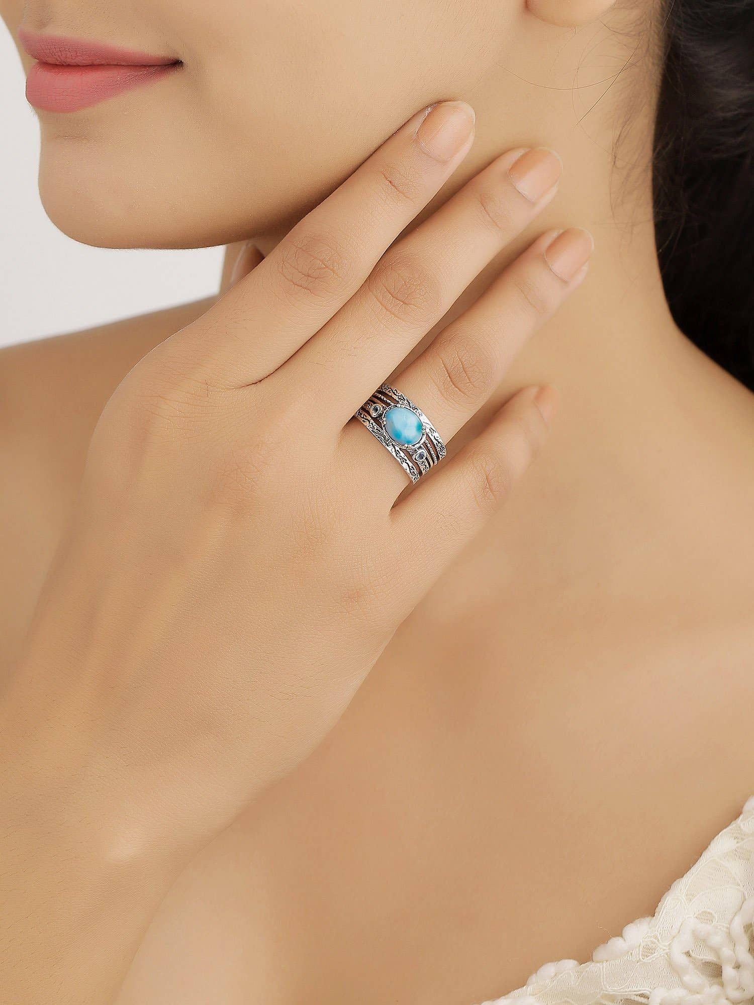Larimar & Swiss Blue Topaz 925 Sterling Silver Antique Ring: 11
