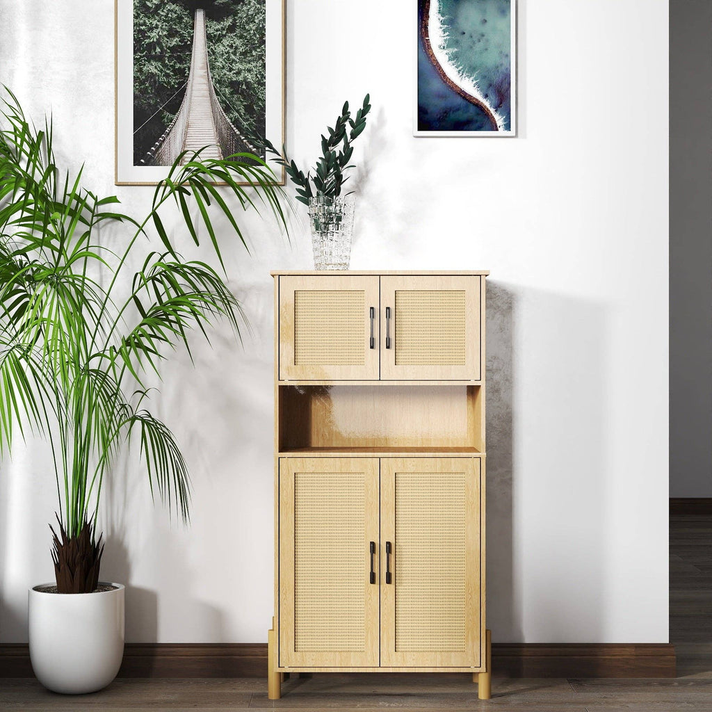 Mid-Century Modern 4-Door Storage Cabinet with Rattan Doors