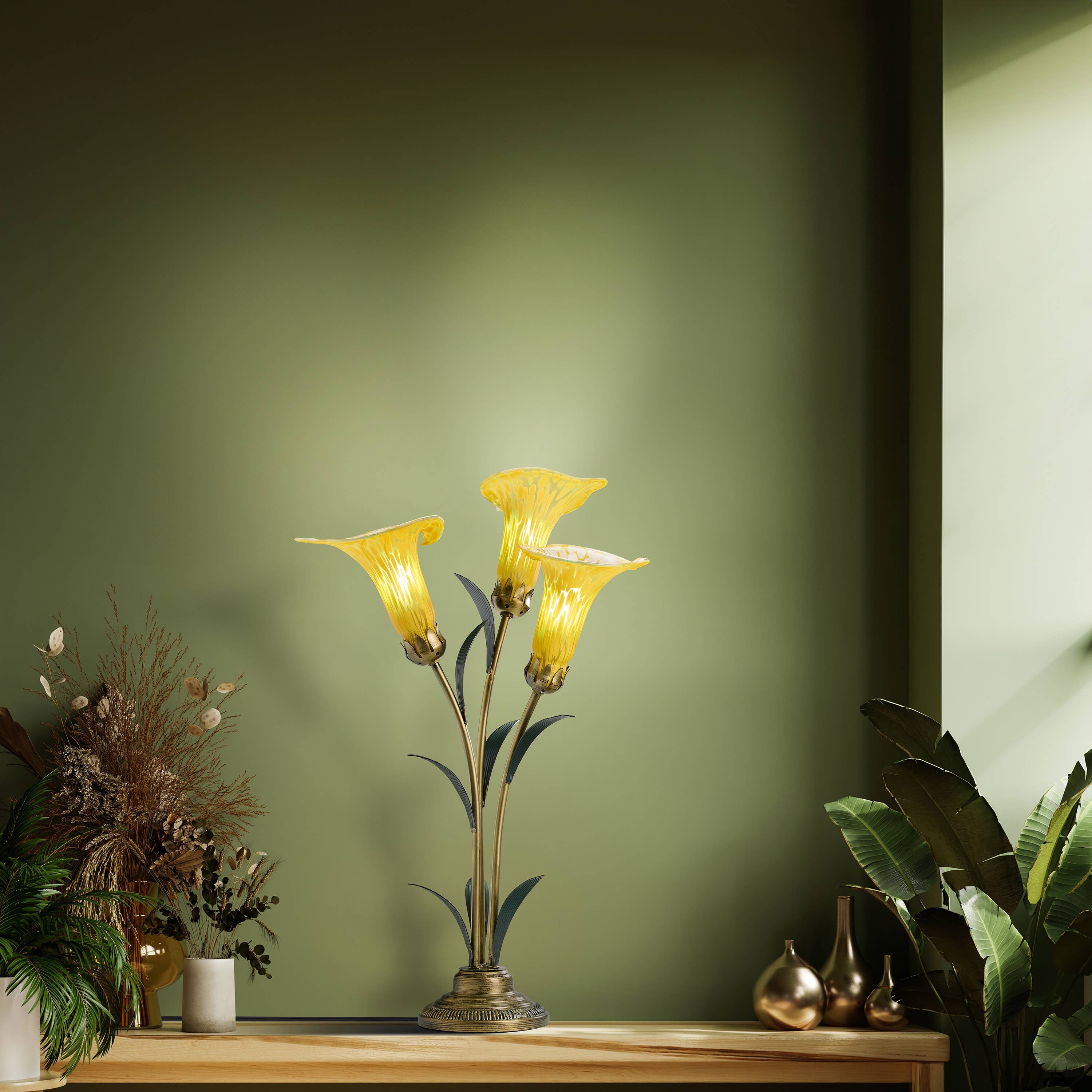 23.5" 3-Light Yellow Handblown Glass Calla Lily Table Lamp