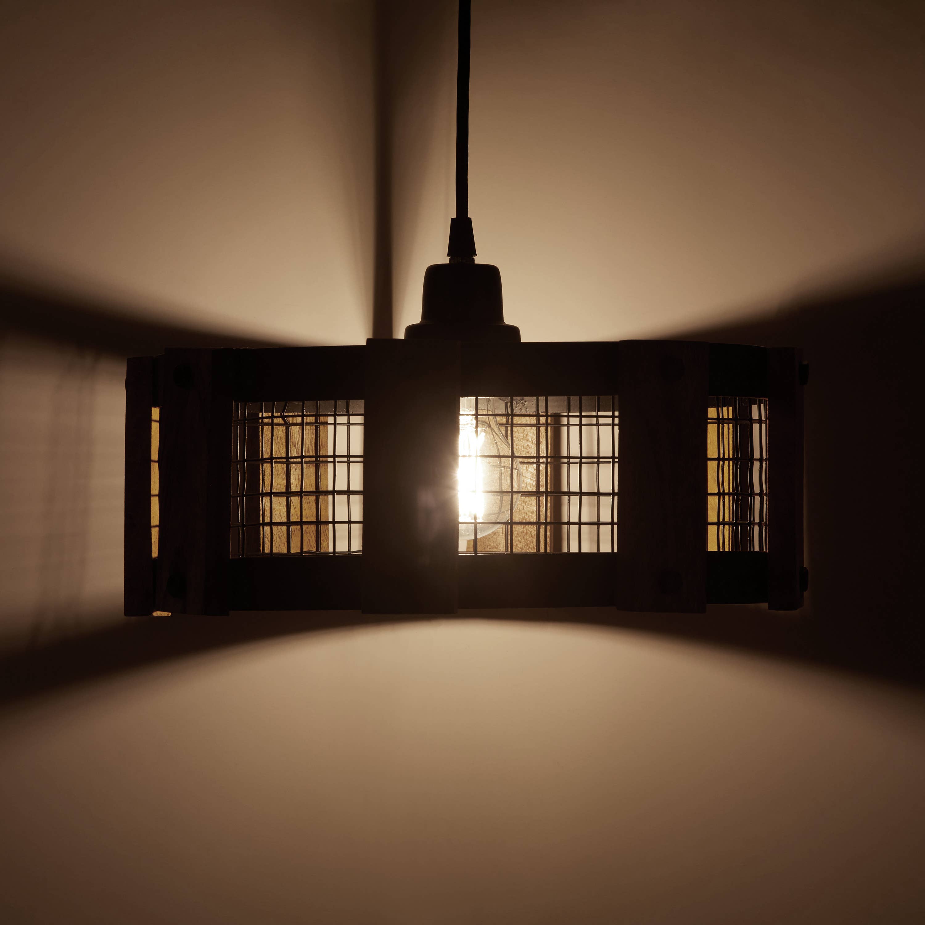 12"W Black Painted Metal Pendant Light with Wood Shade