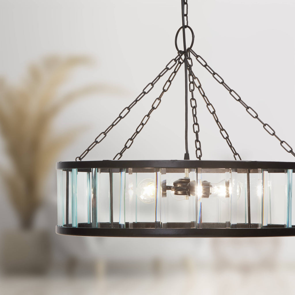 25"W 3-Light Black Metal and Glass Hanging Pendant Lamp