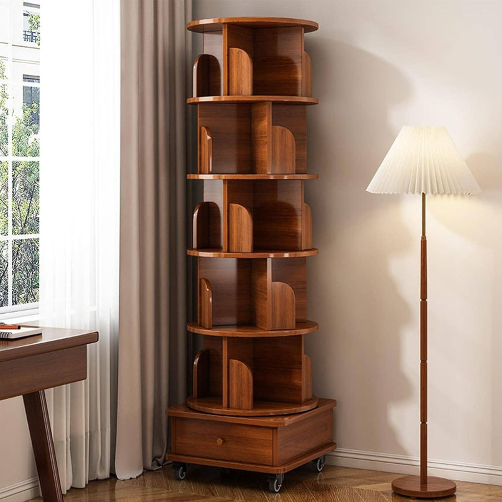 Rotating Wooden Bookcase with Storage Drawer,Swivel Design: White / 5-Tier