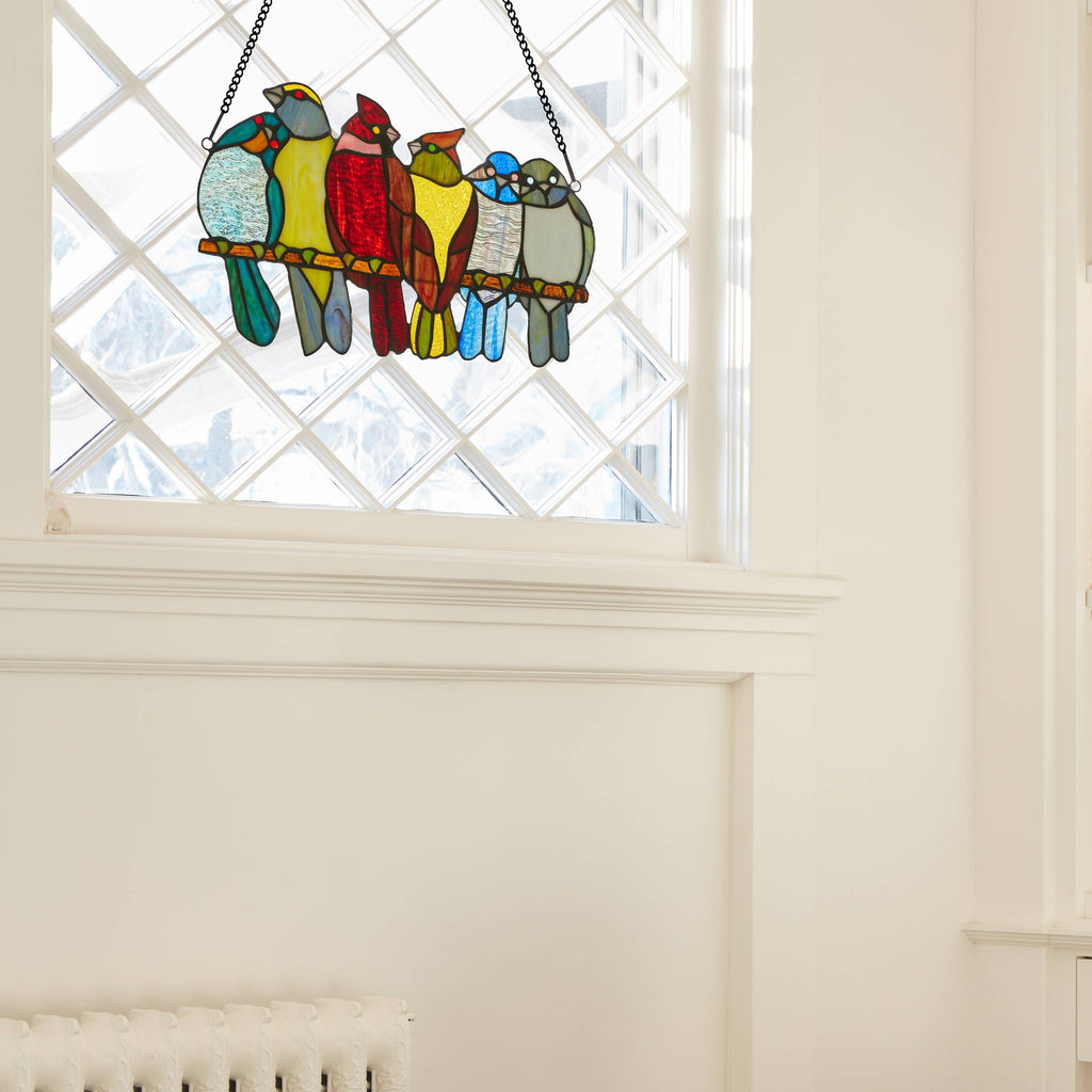 15" Birds in Love Stained Glass Window Panel