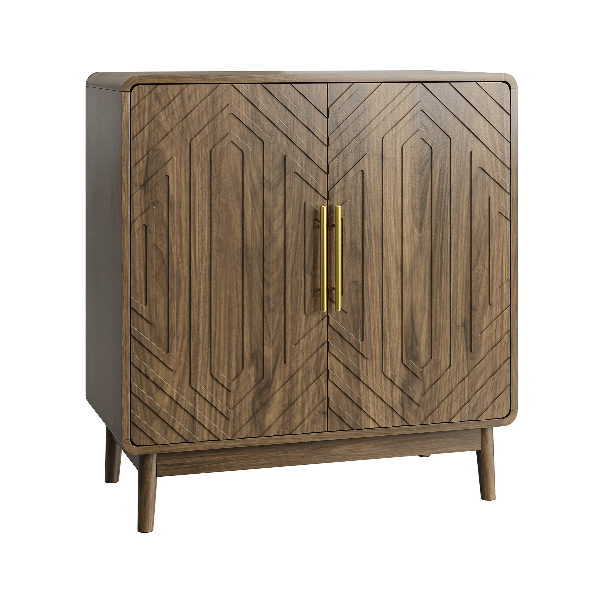 Retro Industrial Walnut Sideboard Buffet -2 Carved Doors: Default